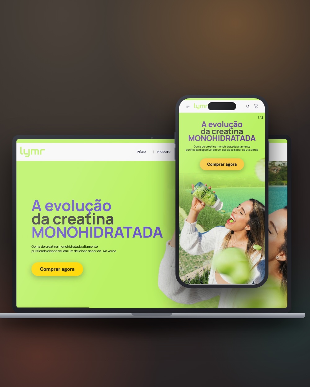 E-commerce da Lymr em um MacBook e em um iPhone, mostrando a página inicial da loja